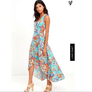 LULU’S TURQUOISE FLORAL PRINT WRAP DRESS